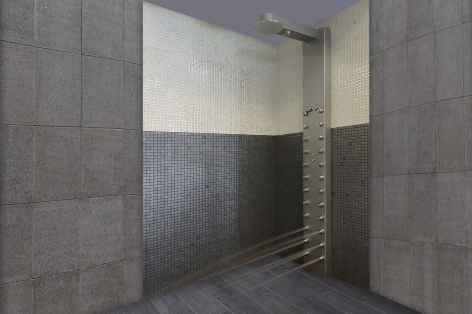 Ducha multisectorial en centro wellness con pared de obra y mosaico.
