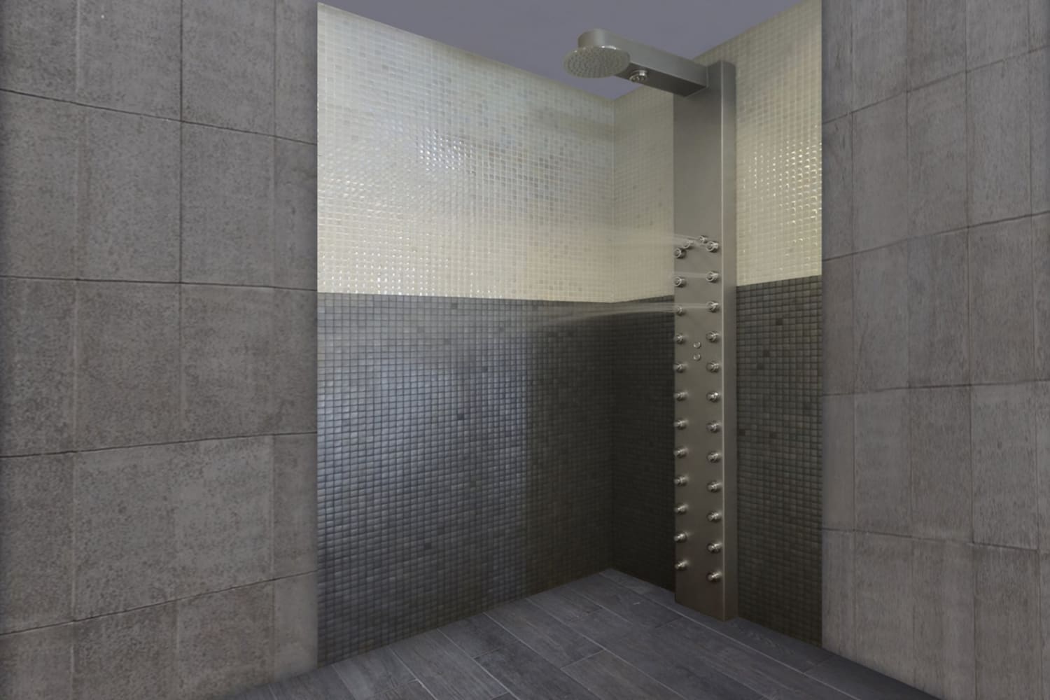 Ducha multisectorial en centro wellness con pared de obra y mosaico. Elige Inbeca.