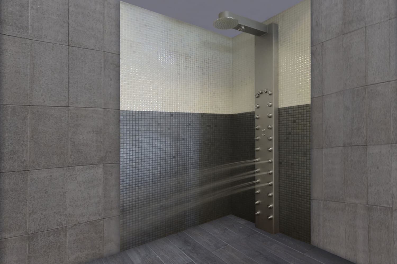 Ducha multisectorial en centro wellness con pared de obra y mosaico. Elige Inbeca.