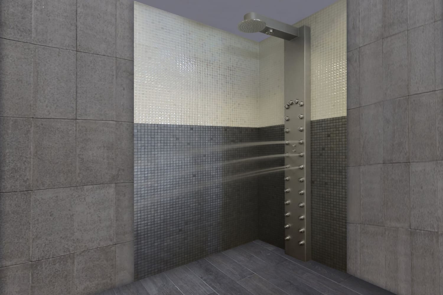 Ducha multisectorial en centro wellness con pared de obra y mosaico.
