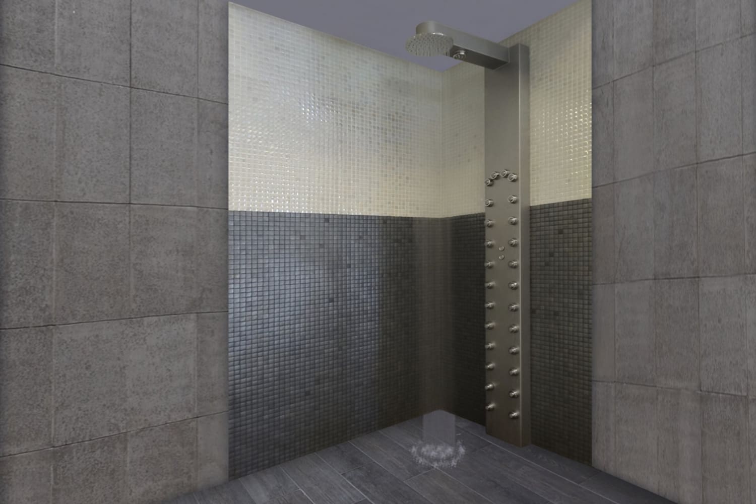 Ducha multisectorial en centro wellness con pared de obra y mosaico.