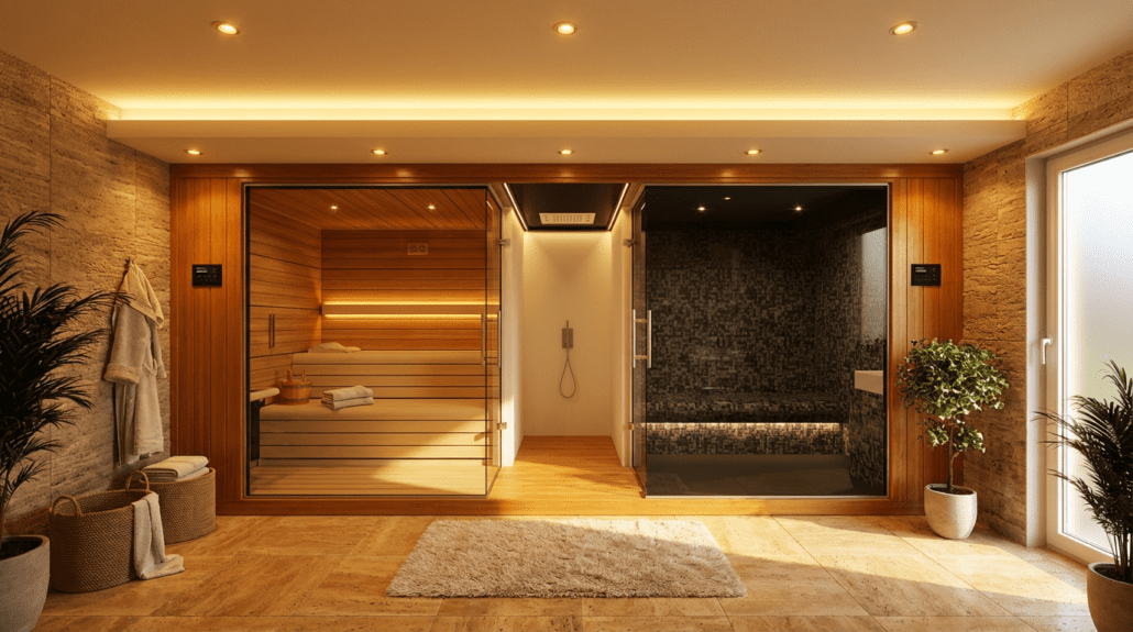 Solución mixta, Sauna finlandesa, baño de vapor y ducha