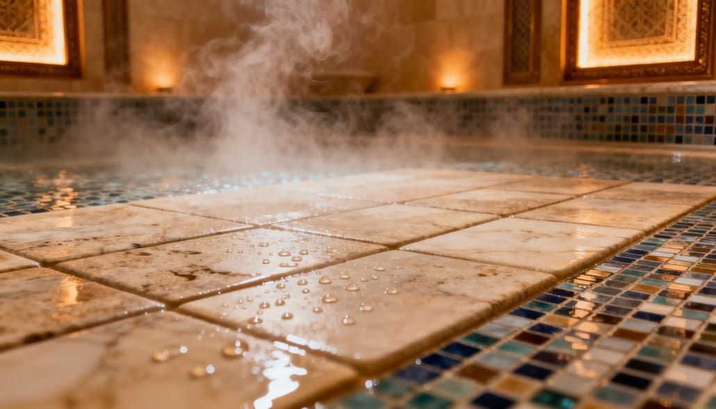 Interior de un baño turco de Inbeca con vapor de agua.